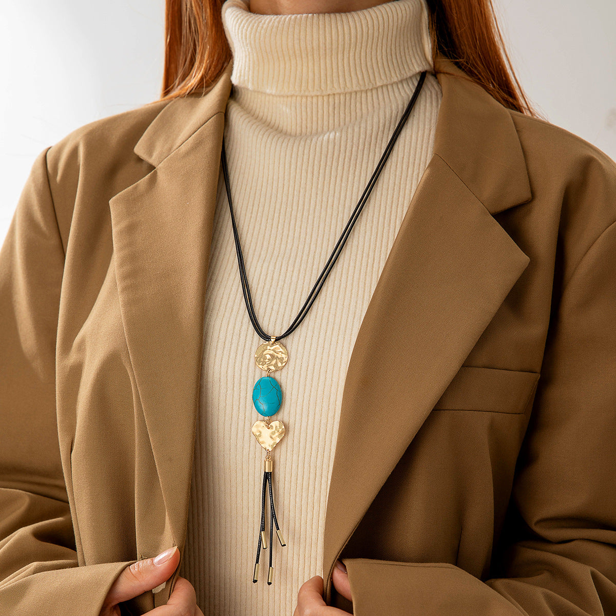 European and American Retro Turquoise Pendant Sweater Chain Design Heart-shaped Women's Autumn Winter Long Tassel Y Type Necklace - 图片 8