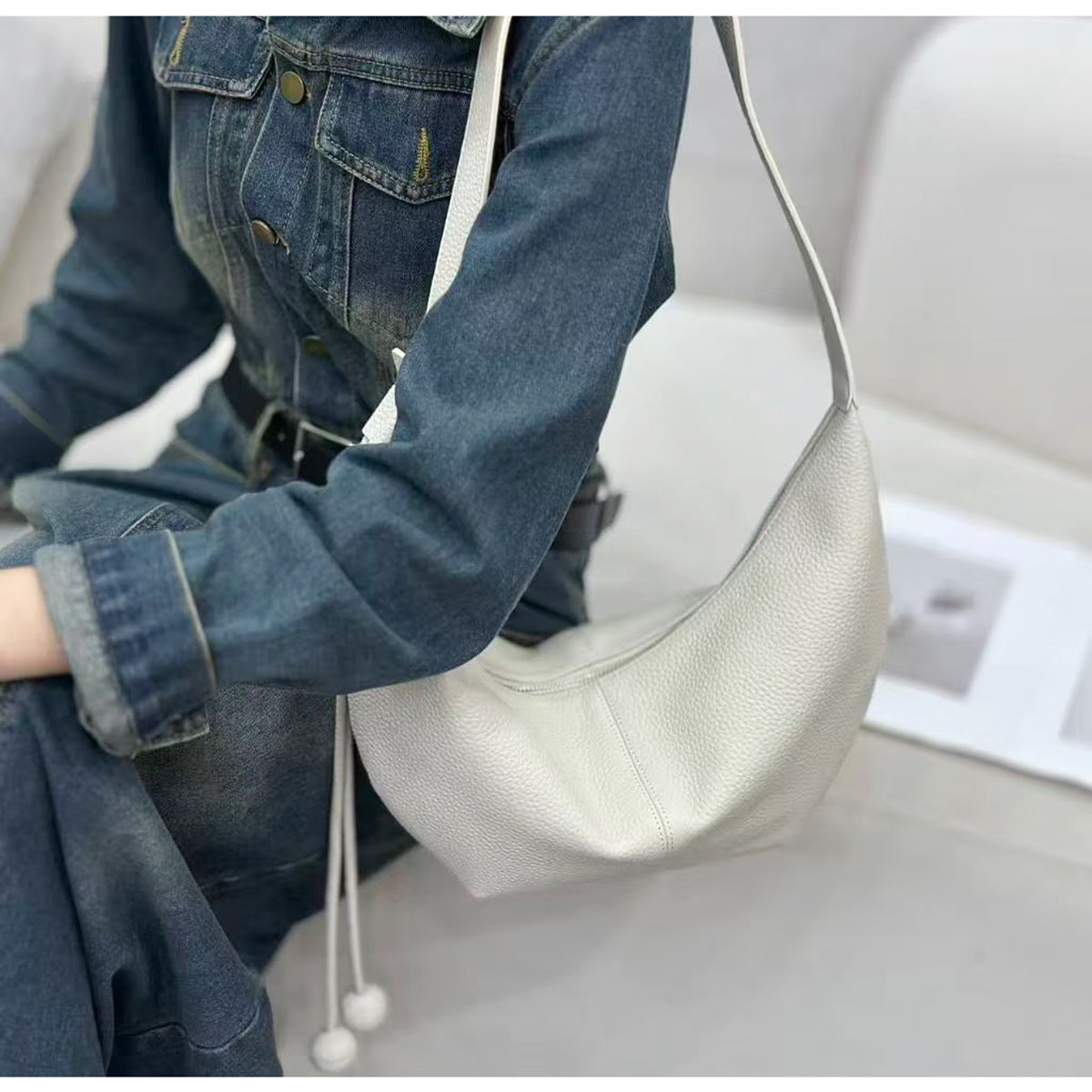 New Genuine Leather Underarm Bag Top Layer Cowhide Horn Dumpling Bag Simple Casual Versatile Single Shoulder Crossbody Bag - 图片 19