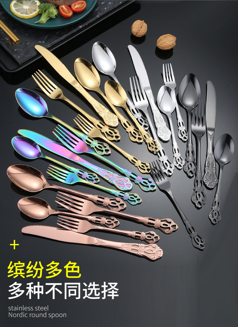 Stainless Steel Cutlery Restaurant Royal Court Knife Fork Spoon Set Hotel Western Cuisine European Retro Relief Steak Knife Fork - 图片 33