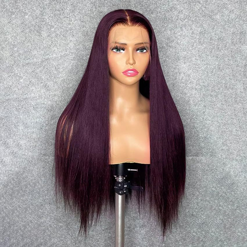 Wig Wine Red European and American Ladies Wig Long Straight Hair with Middle Part and Front Lace Synthetic Fiber13*4*1 T Headband Outer - 图片 13