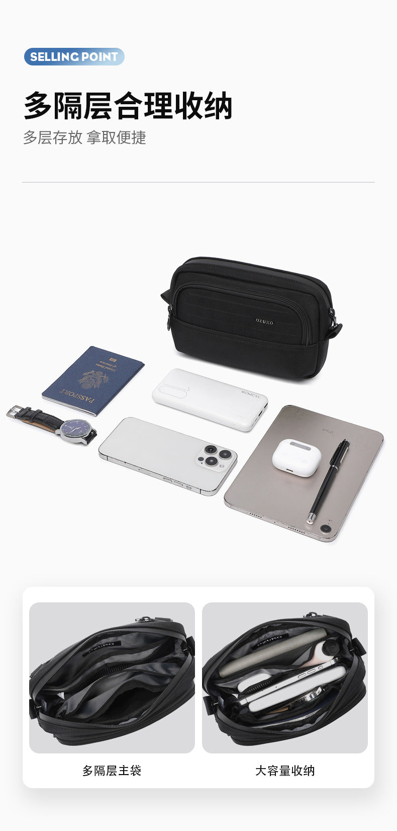 ozuko Men's Clutch Bag Multi-Functional Portable Small Crossbody Bag Travel Commute Lightweight Trendy Brand Storage Men's Bag - 图片 12