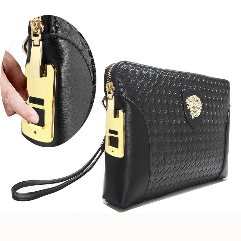 Fingerprint Lock Clutch Bag Large Capacity Business Men's Genuine Leather Handheld Luxury Woven Clutch Portable Fingerprint Unlock - 图片 4