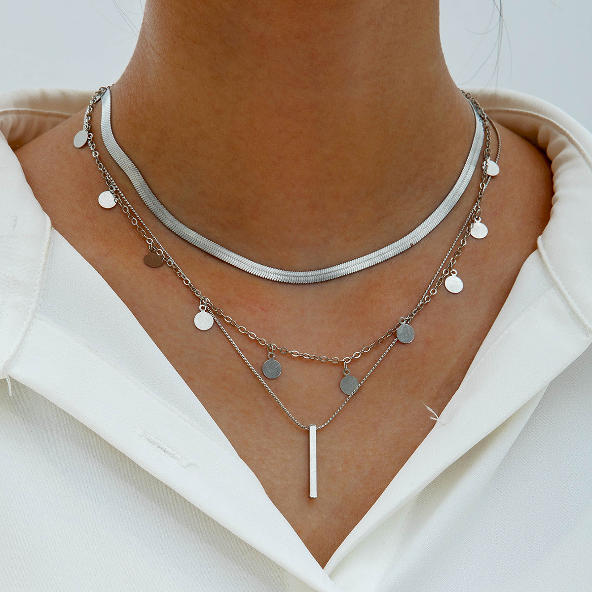 European and American Fashion Collarbone Chain Round Pendant Tassel Multi-layer Stacking Necklace Layered One-word Necklace3Set - 图片 17