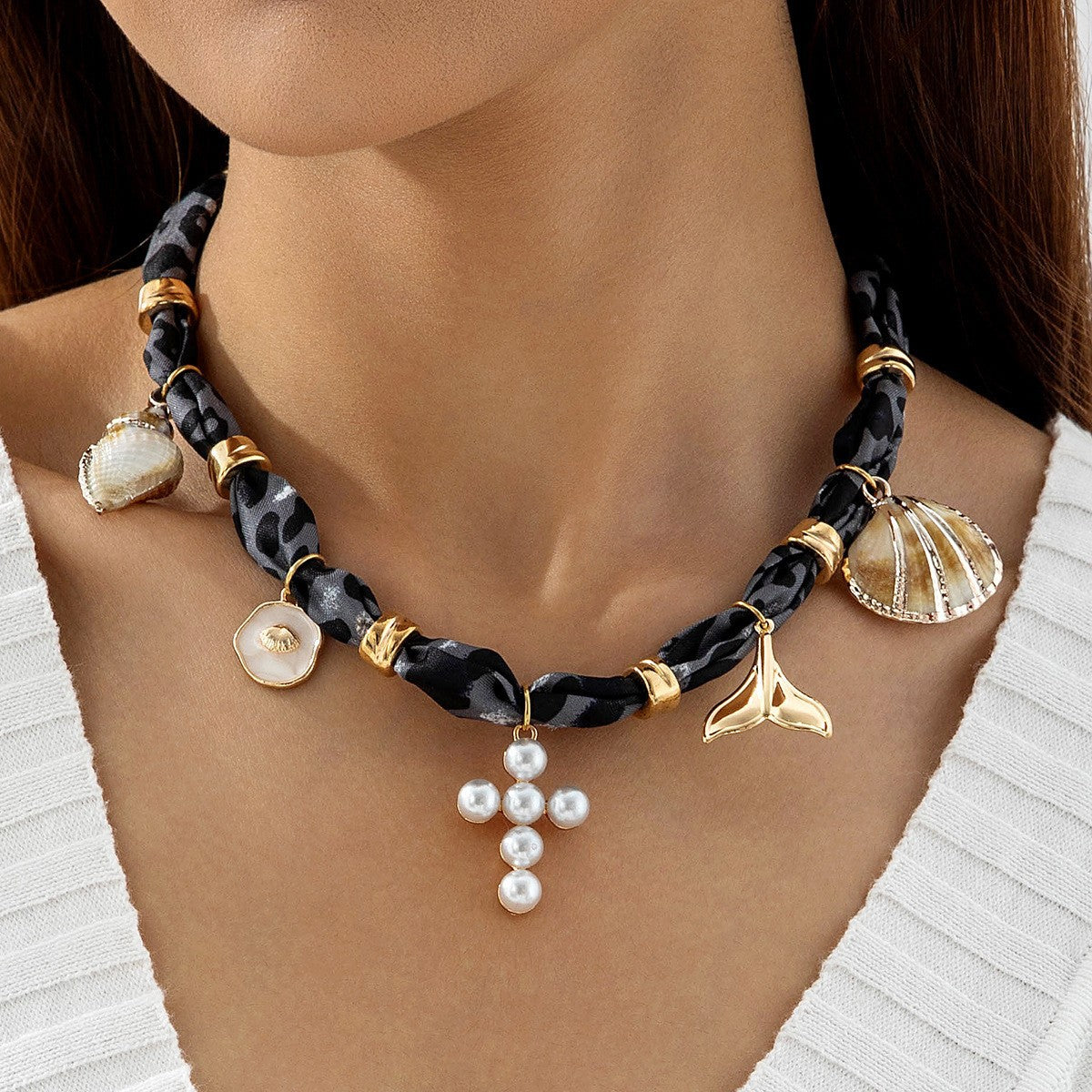 European and American Style Ocean-themed Cross Conch Starfish Pendant Leopard Print Exaggerated Necklace Collarbone Chain Jewelry - 图片 71