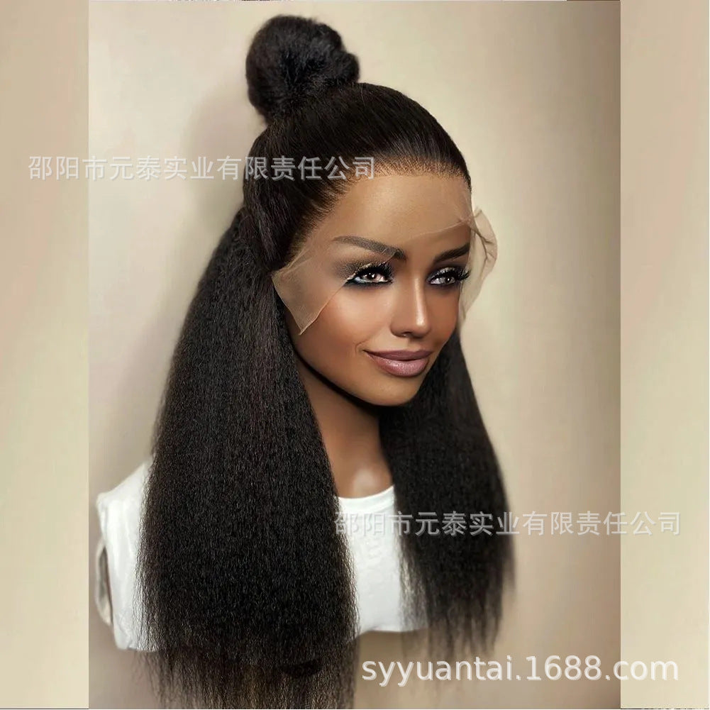 Kinky Straight 13x4 Lace Front Synthetic Wig Long Black Wigs - 图片 11