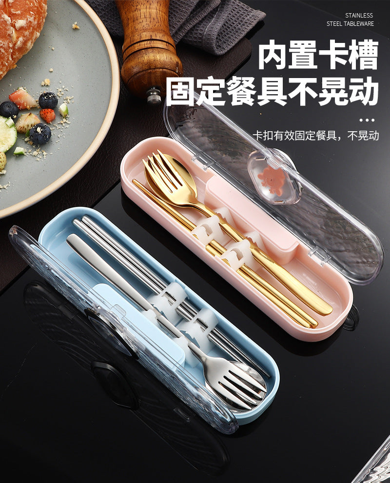 304Stainless Steel Tableware Student Cartoon Portable Tableware Set Work Outdoor Fork Spoon Chopsticks Three-piece Set - 图片 32