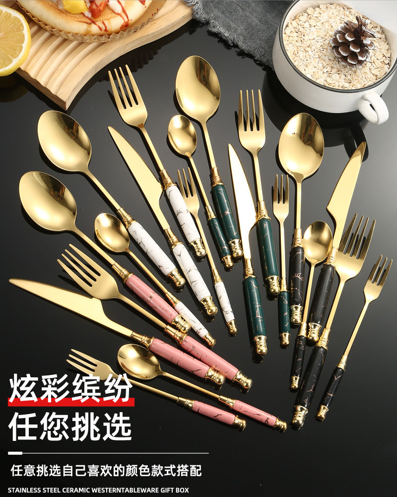Stainless Steel Cutlery Restaurant Western Steak Knife Fork Imitation Marble Pattern Ceramic Handle Knife Fork Spoon Tea Spoon Tea Fork Set - 图片 36