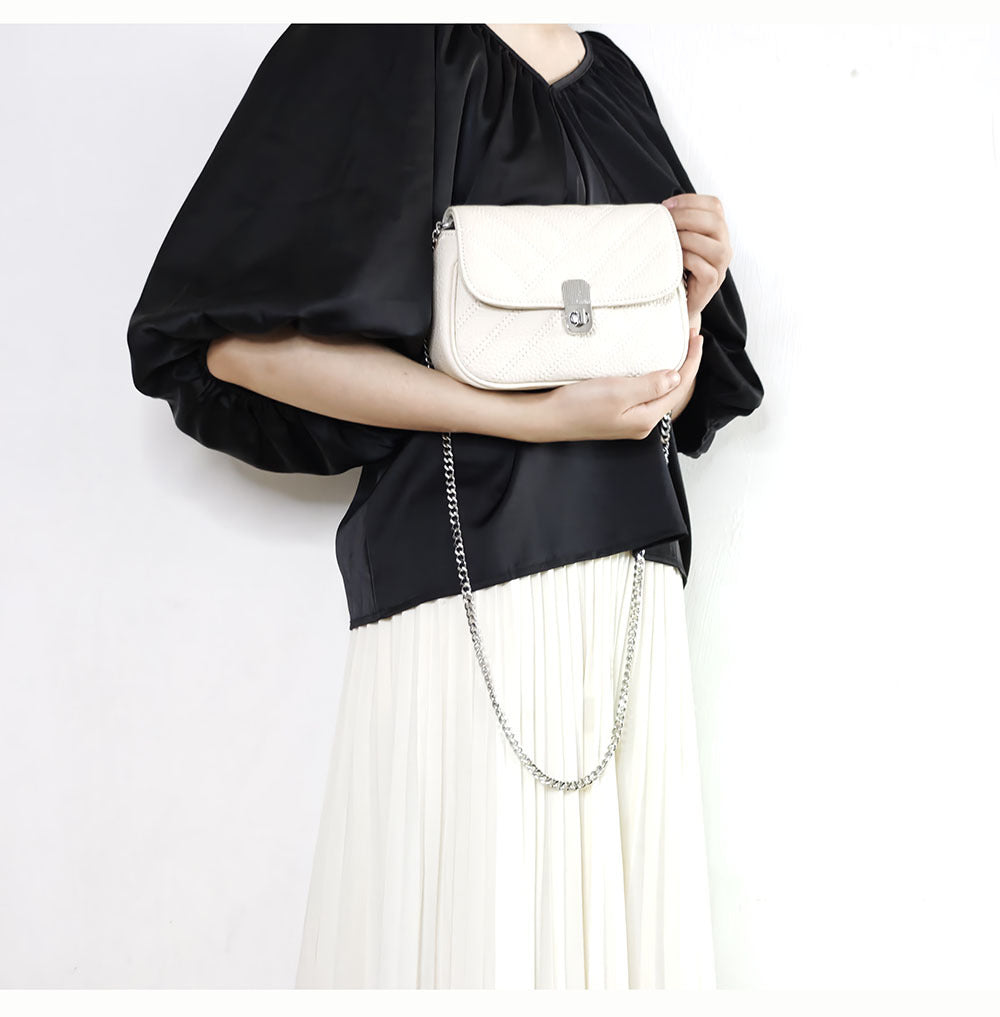 Genuine Leather Women's Bag New Metal Chain Small Square Bag Simple Versatile Chanel Style Single Shoulder Solid Color Embroidered Thread Crossbody Bag - 图片 46