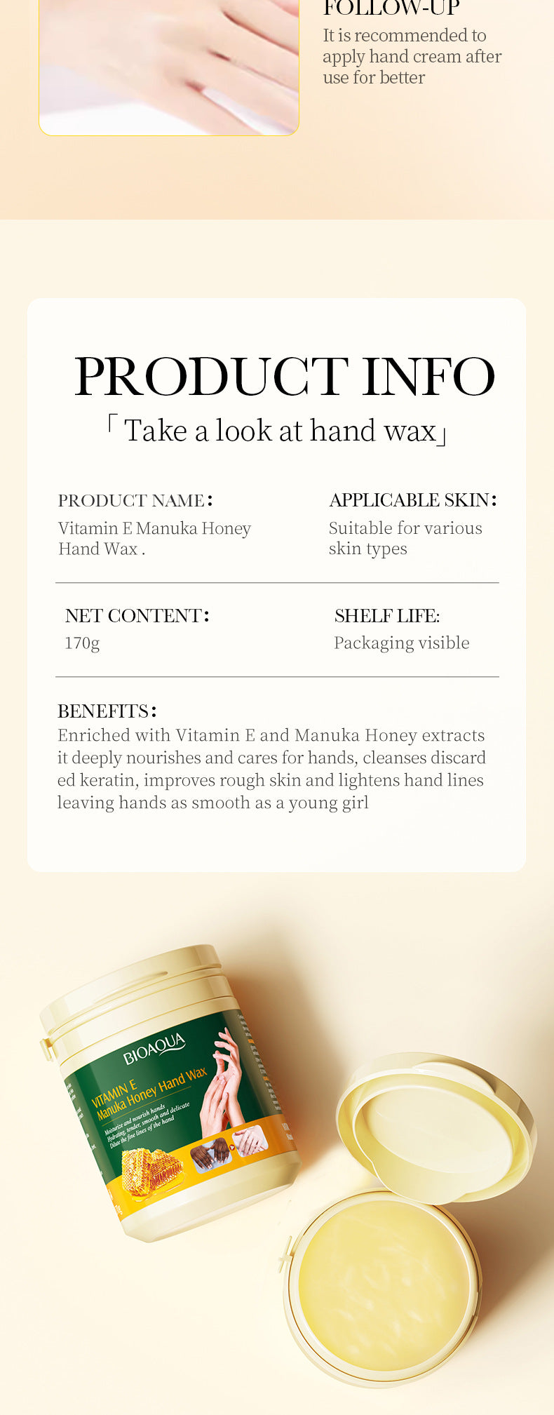 Honey Hand Wax170gBIOAOUA Vitamin E Moisturizing and Nourishing Hand Care Cross-Border Wholesale - 图片 14