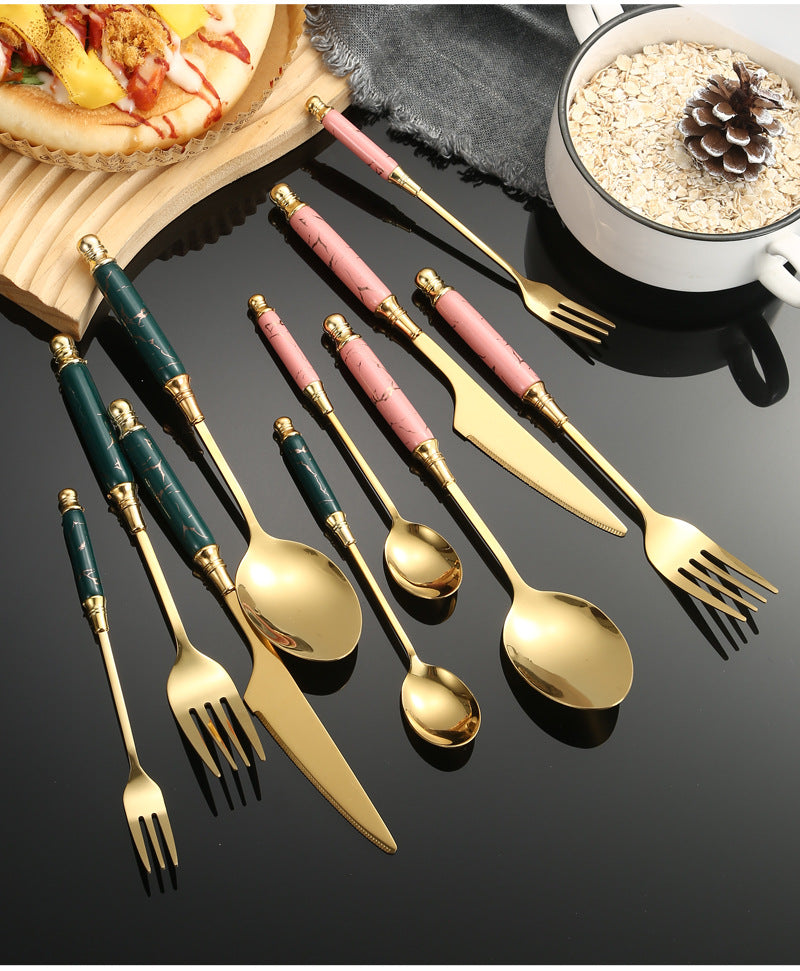 Stainless Steel Cutlery Restaurant Western Steak Knife Fork Imitation Marble Pattern Ceramic Handle Knife Fork Spoon Tea Spoon Tea Fork Set - 图片 53