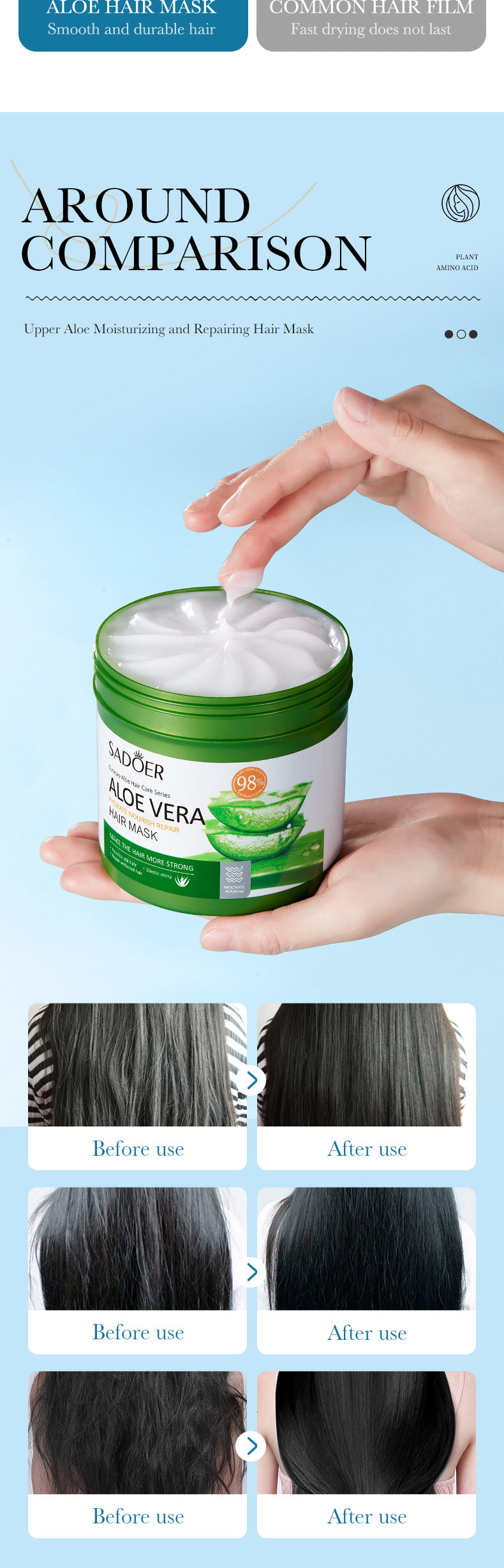 Aloe Vera Hair Mask500gSADOER Moisturizing, smooth and silky hair conditioner cross-border wholesale - 图片 13