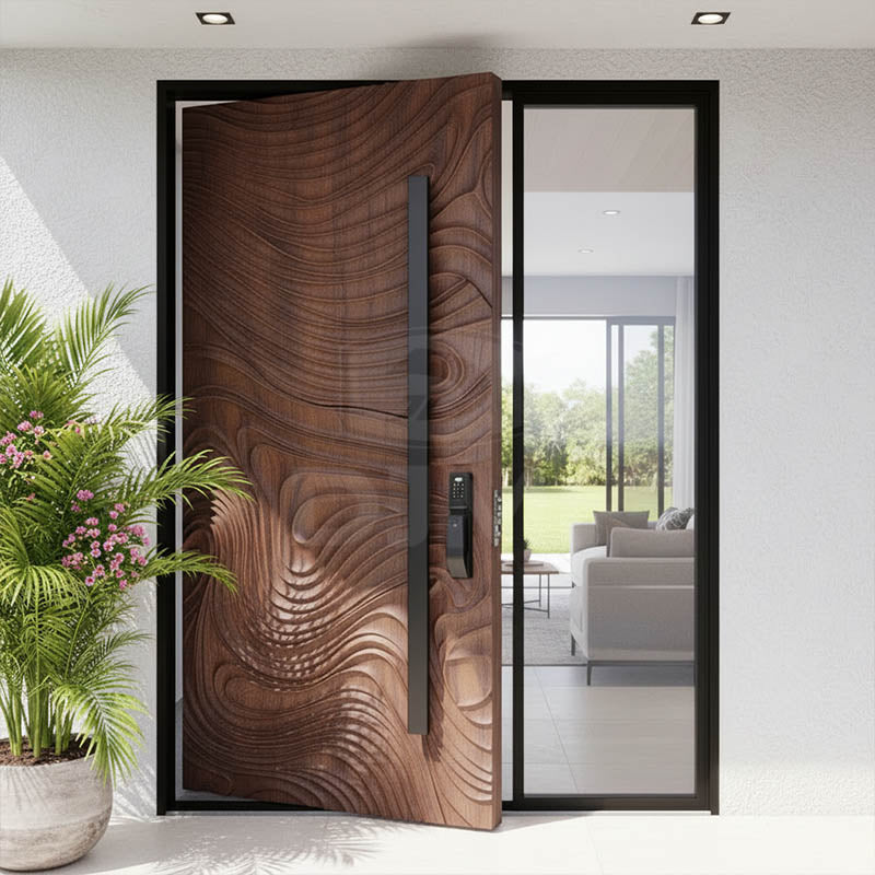 Solid Core Solid Wood White Oak Pivot Door Modern Exterior Villa Front Entry Door with Large-size Laminated Glass Side Window - 图片 4