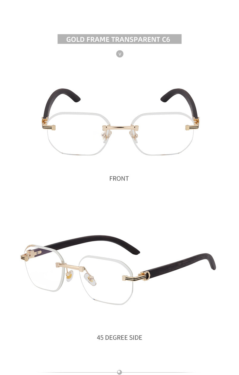 【Customization】Diamond Cut Rimless Glasses for Men, European and American Retro Style, Imitation Wood Grain Temple Sunglasses, Sun Protection Sunglasses - 图片 29