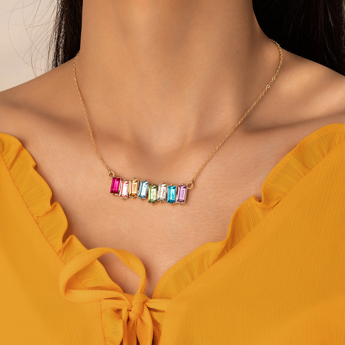 European and American Style Jewelry Colorful Square Inlaid Diamond Single Necklace Geometric Chain Imitation Gemstone Single Layer Collarbone Chain - 图片 3