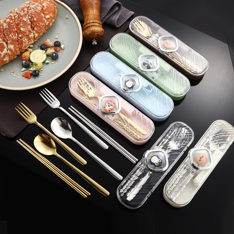 304Stainless Steel Tableware Student Cartoon Portable Tableware Set Work Outdoor Fork Spoon Chopsticks Three-piece Set - 图片 3