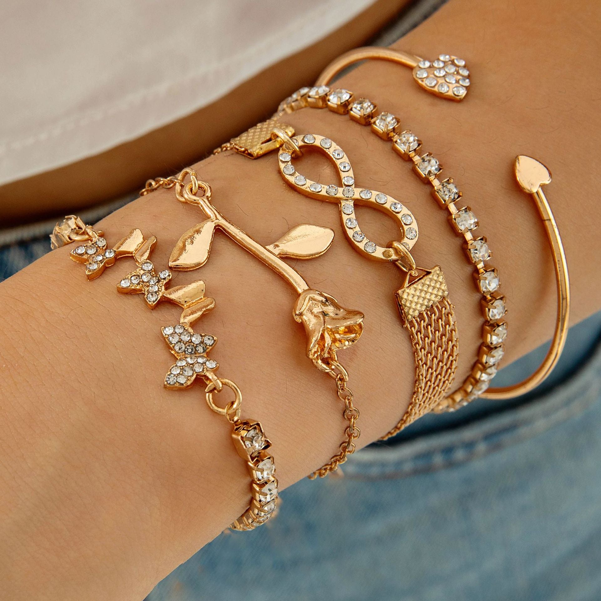 European and American Jewelry High-End Imitation Crystal Butterfly Bracelet Set Fashion Inlaid Diamond Heart Bracelet Wholesale - 图片 11