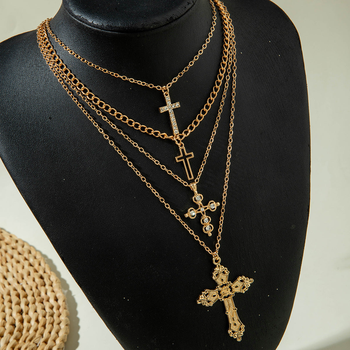 European and American Retro Hollow Diamond Cross Pendant Necklace Gothic Style Black Layered Wear Y Type Necklace - 图片 88