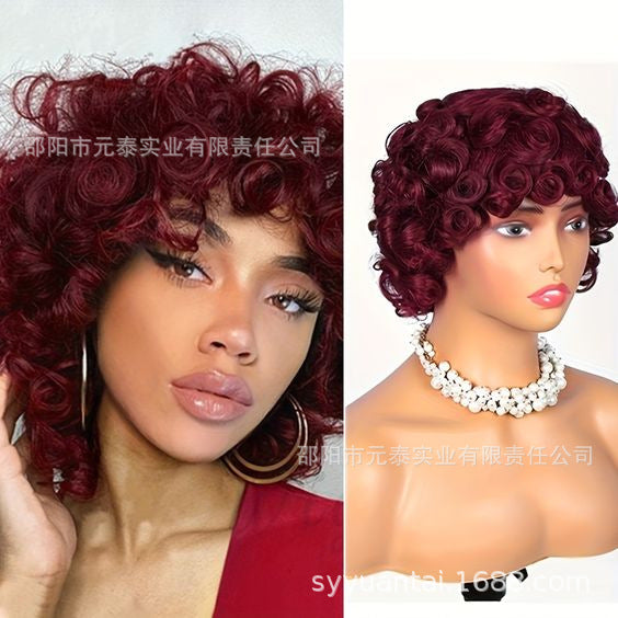 Wine Red Short Bouncy Curly Bob Wig with Bang Human Hair wig - 图片 7