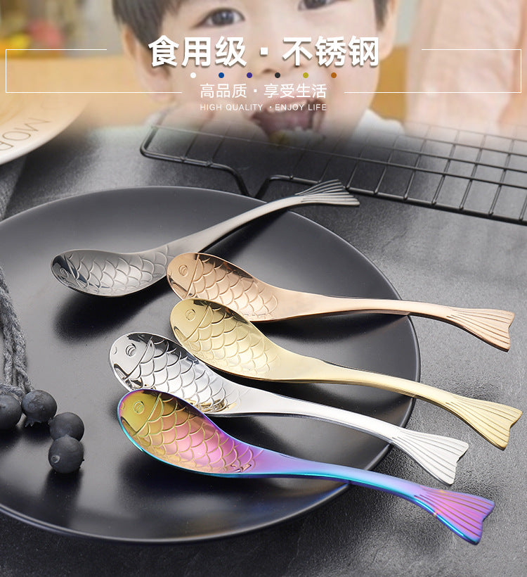 304Stainless Steel Spoon Cooking Restaurant Spoon Pickled Fish Spoon Cartoon Spoon PVD Titanium-plated Colorful Fish Tail Cute Spoon - 图片 21