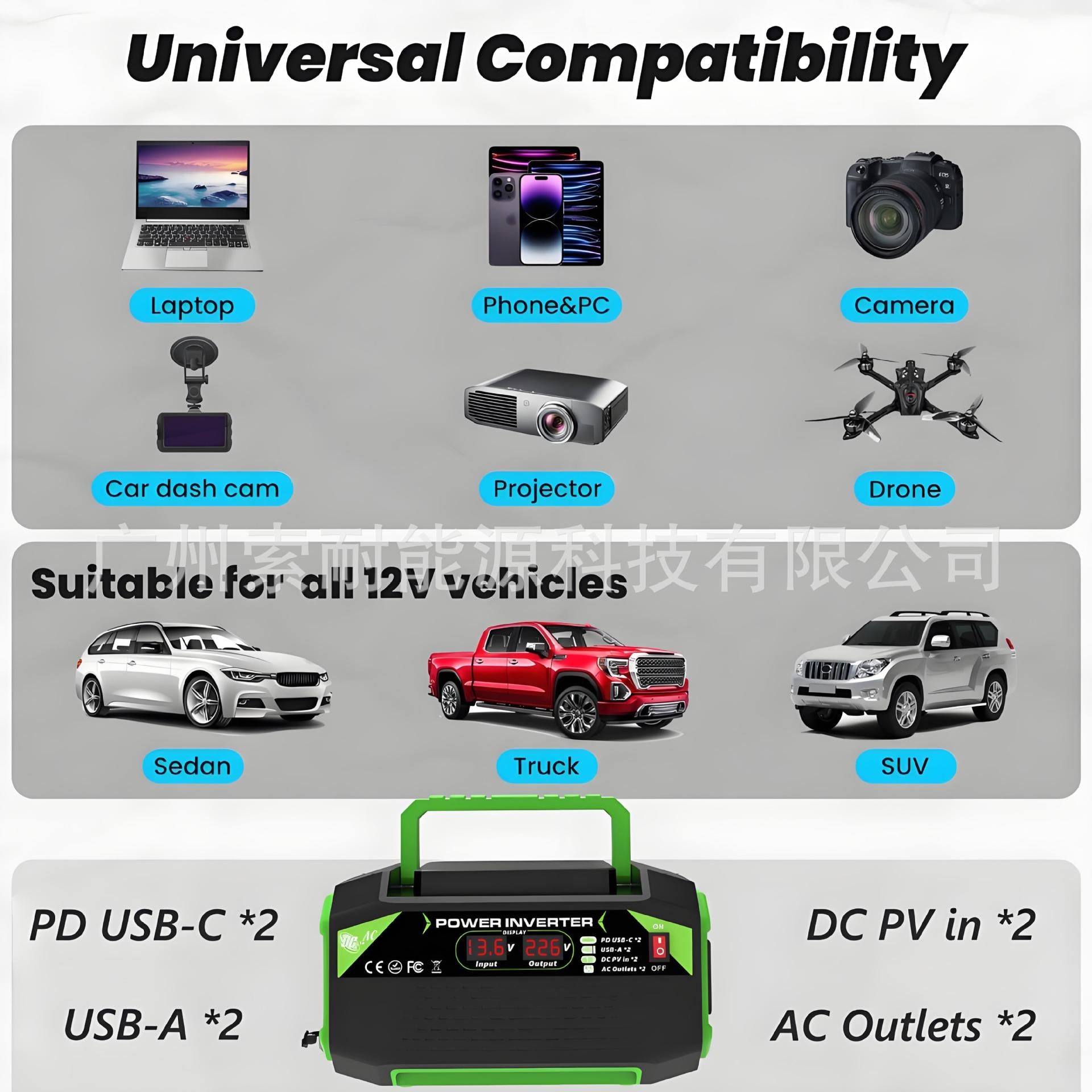 Vehicle Inverter300W/500W12V Turn110V/220V Dual Socket with Digital Display/USB/Type-C - 图片 22