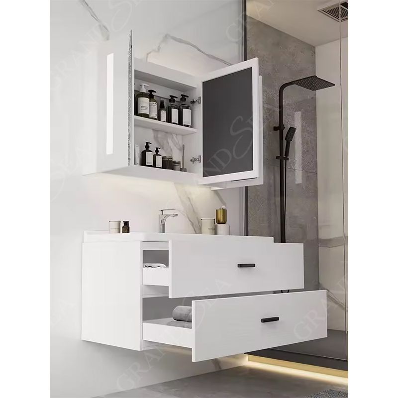 High Glossy White 120cm Width Stock Clearance Bathroom Vanity Wall Mounted Glass Basin With Mirror - 图片 3