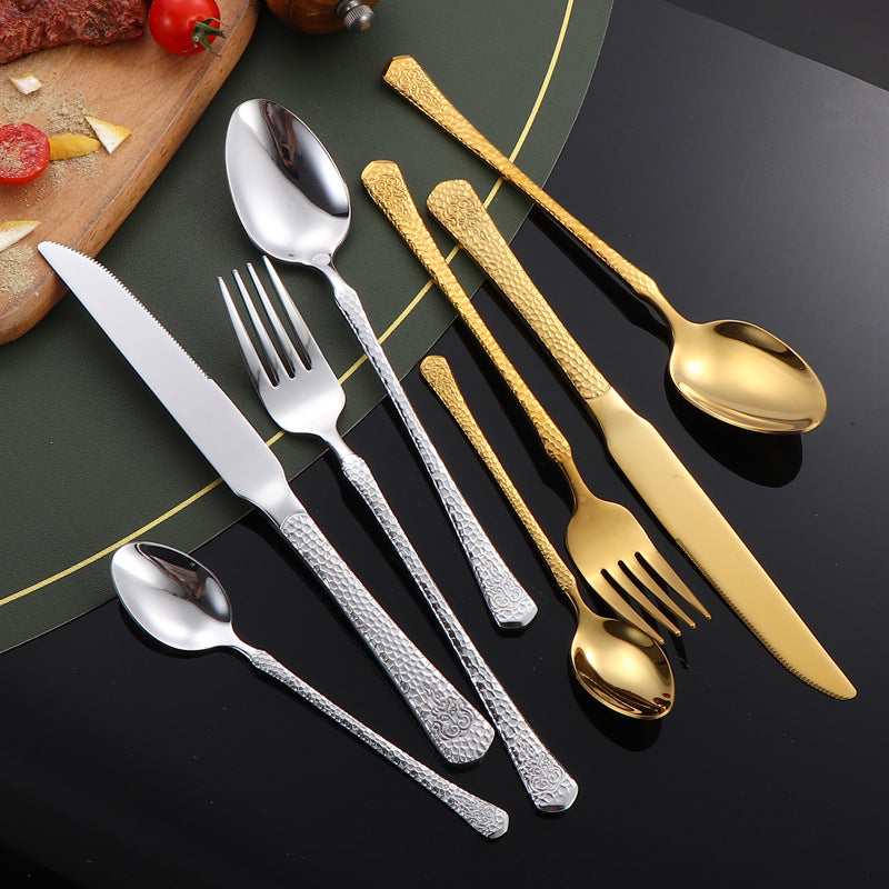 410Stainless Steel Tableware Hotel Restaurant Hammered Knife Fork Spoon24Set of High-End Western Cuisine Embossed Steak Knives and Forks - 图片 4