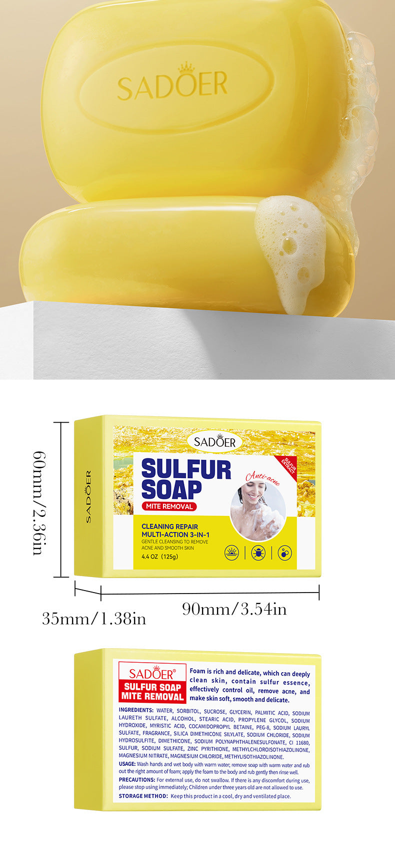 Sulfur Mite Removal Soap125gSADOER Universal Handmade Soap for Body Cleansing, Fragrant Soap, Cross-Border Wholesale - 图片 17