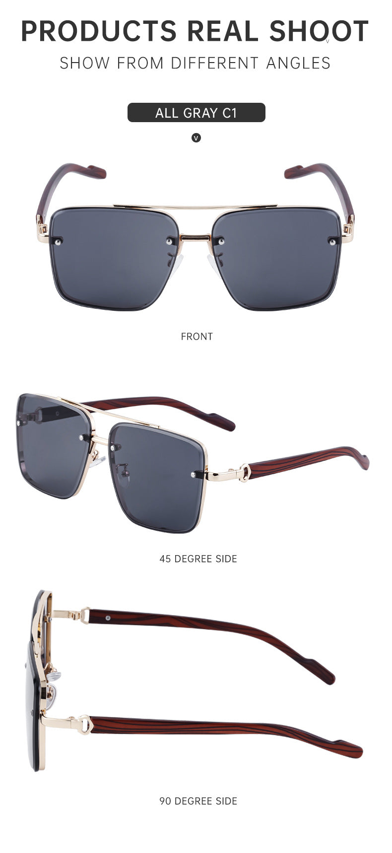 European and American Style Square Frame Cut Edge Sunglasses for Men with Imitation Wood Grain Temples, Men's Trendy Wholesale sunglass - 图片 28