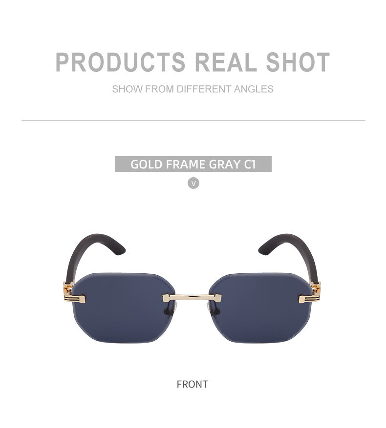 【Customization】Diamond Cut Rimless Glasses for Men, European and American Retro Style, Imitation Wood Grain Temple Sunglasses, Sun Protection Sunglasses - 图片 23