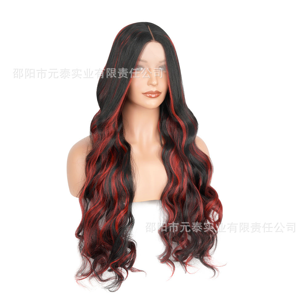 Wig for Women, Front Lace, Wavy Long Curly Hair, Red and Black Gradient Color, High-Temperature Fiber, Synthetic Hair Wig, European and American Cross-Border - 图片 3