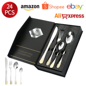 Stainless Steel Tableware Hotel Restaurant Crown Knife Fork Spoon Set Western Steak Knife Fork24Set