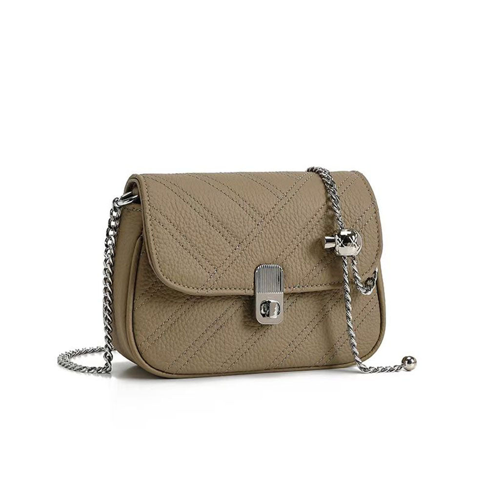 Genuine Leather Women's Bag New Metal Chain Small Square Bag Simple Versatile Chanel Style Single Shoulder Solid Color Embroidered Thread Crossbody Bag - 图片 11
