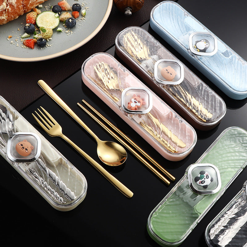 304Stainless Steel Tableware Student Cartoon Portable Tableware Set Work Outdoor Fork Spoon Chopsticks Three-piece Set - 图片 4
