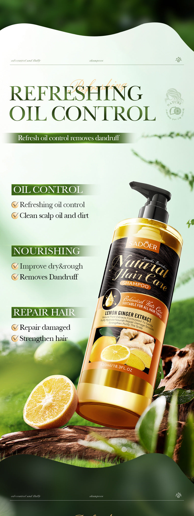Lemon Ginger Shampoo520ml SADOER Smooth Nourishing Cleansing Shampoo Cross-Border Wholesale - 图片 9