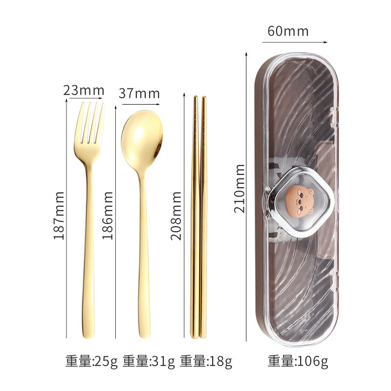 304Stainless Steel Tableware Student Cartoon Portable Tableware Set Work Outdoor Fork Spoon Chopsticks Three-piece Set - 图片 28
