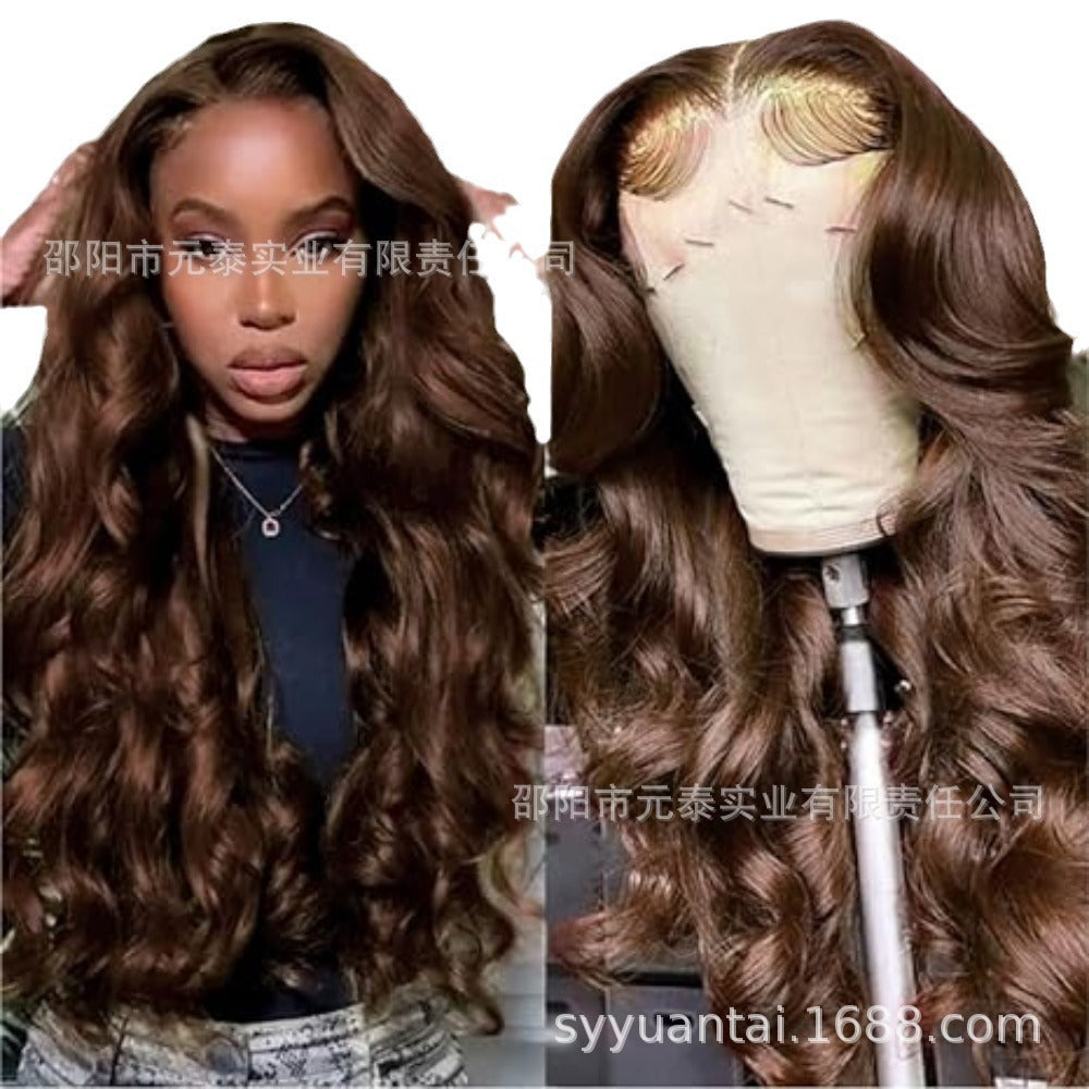 13x4x1Foreign Trade Hot-Selling Wig for European and American Women, Front Lace Wig, Synthetic Chocolate Color, Big Curly Rilley Style - 图片 5