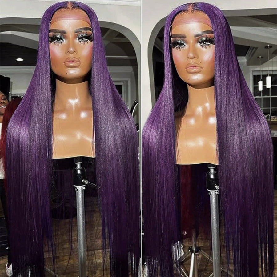 Wig Wine Red European and American Ladies Wig Long Straight Hair with Middle Part and Front Lace Synthetic Fiber13*4*1 T Headband Outer - 图片 9