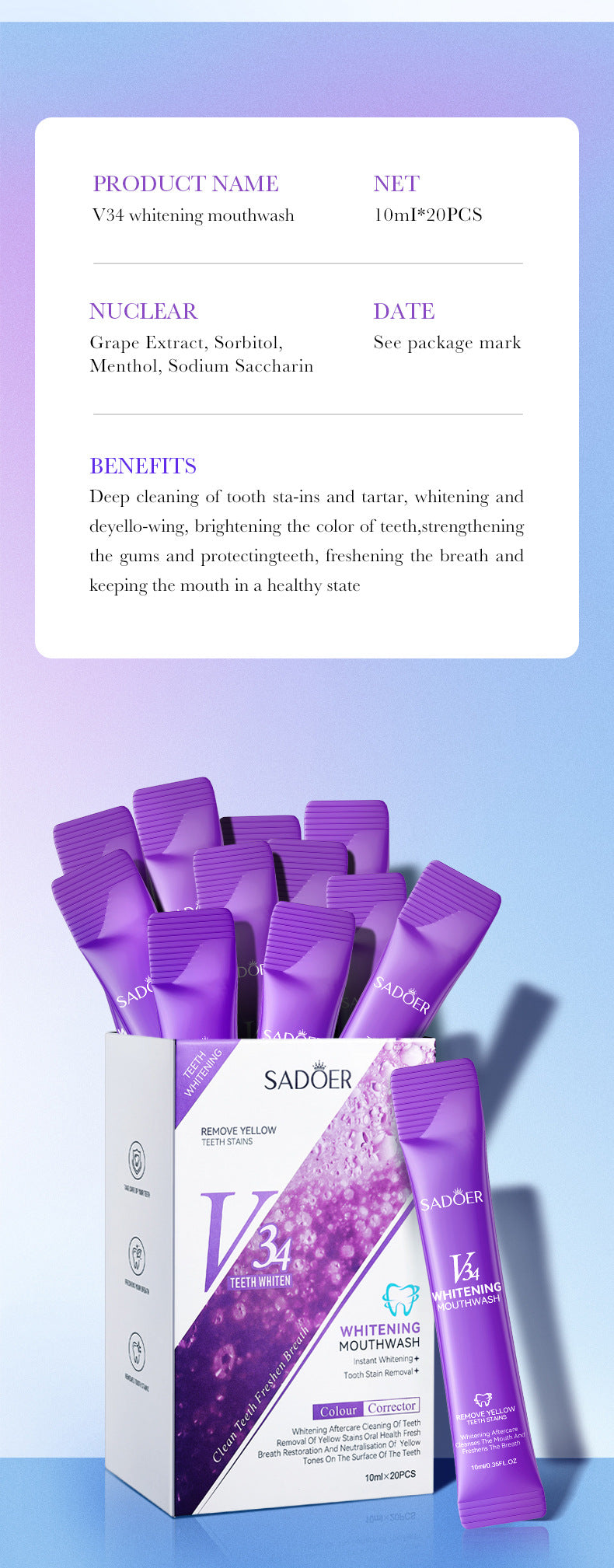 V34Whitening Mouthwash SADOER Clean Teeth Oral Fresh Mouthwash Cross-Border Wholesale - 图片 14