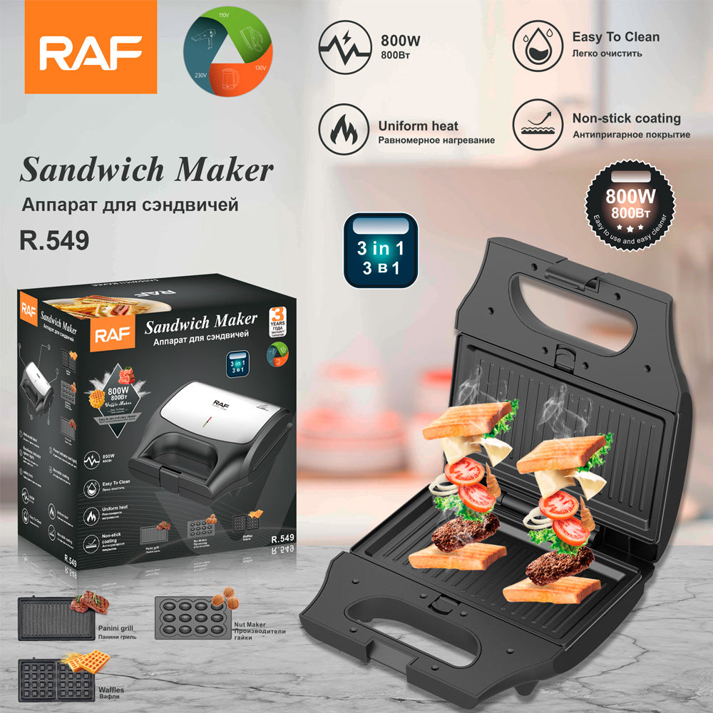 RAF European Standard Sandwich Maker Household Multifunctional 3-in-1 Waffle Maker Breakfast Machine Portable Baking - 图片 10