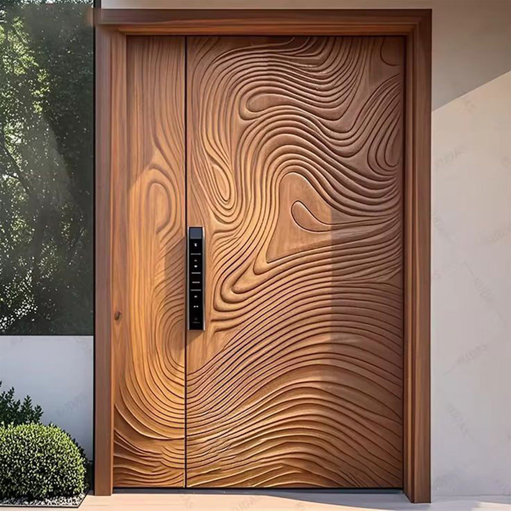 Natural Ash Solid Wood clear Lacquer 3D Irregular Surface Design Modern Front Entry Pivot Door with Long Handle and Smart Lock - 图片 5