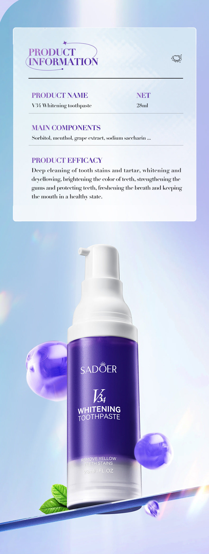 V34Whitening Toothpaste28ml SADOER Clean Teeth Clean Toothpaste Cross-Border Foreign Trade Wholesale - 图片 15