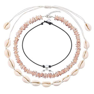 Women's Beach Shell Necklace Blue Pine Beaded Extension Chain Stretchable Handmade Woven Fragmented Shell Necklace Set