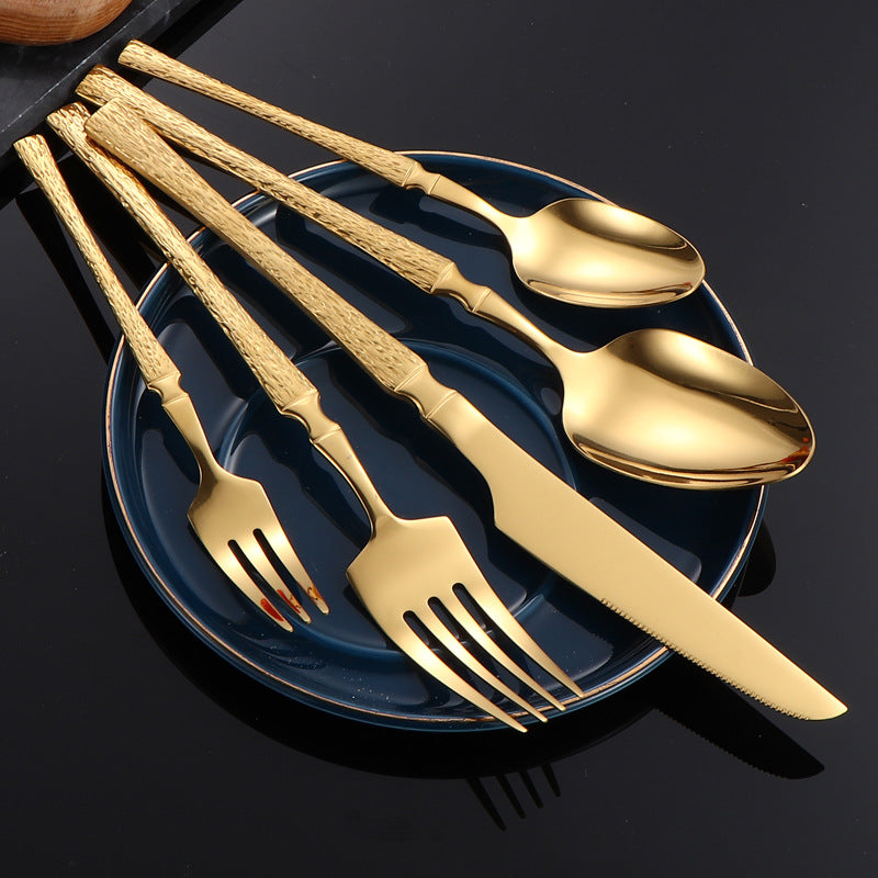 410Stainless Steel Cutlery Hotel Restaurant Hammered Knife Fork Spoon Set Western Small Waist Bark Pattern Steak Knife Fork - 图片 4