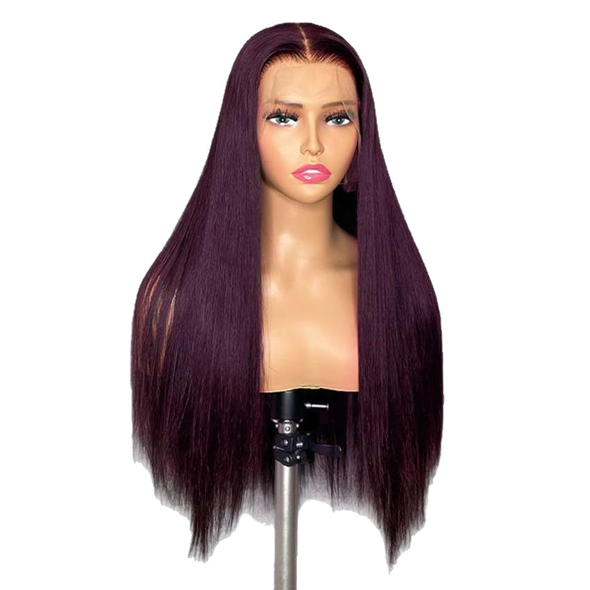 Wig Wine Red European and American Ladies Wig Long Straight Hair with Middle Part and Front Lace Synthetic Fiber13*4*1 T Headband Outer - 图片 5