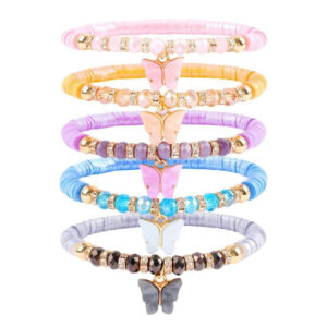 Butterfly Pendant Soft Clay Bracelet Set for Women Bohemian Spacer Flower Macaron Color Soft Clay Bracelet