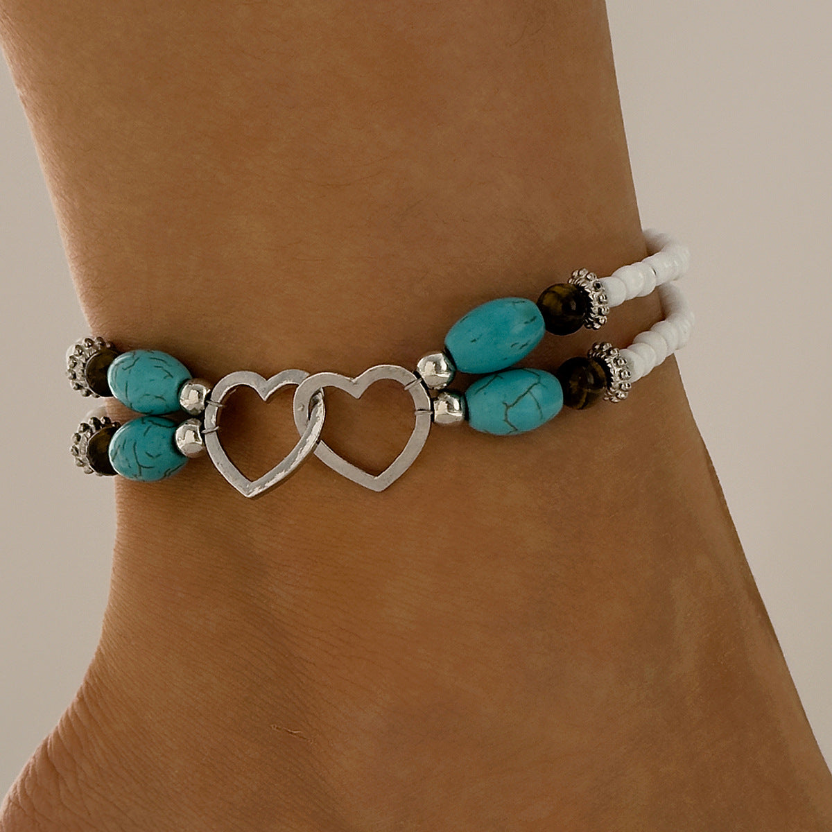 Wholesale Bohemian Vacation Style Rice Bead Turquoise Jewelry Set Metal Heart Jewelry - 图片 5