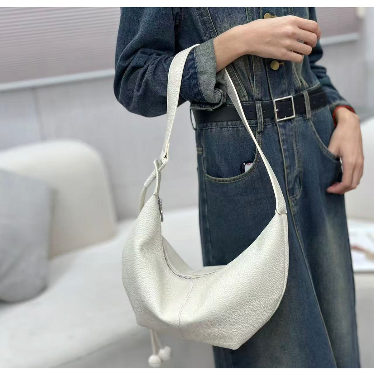 New Genuine Leather Underarm Bag Top Layer Cowhide Horn Dumpling Bag Simple Casual Versatile Single Shoulder Crossbody Bag - 图片 18