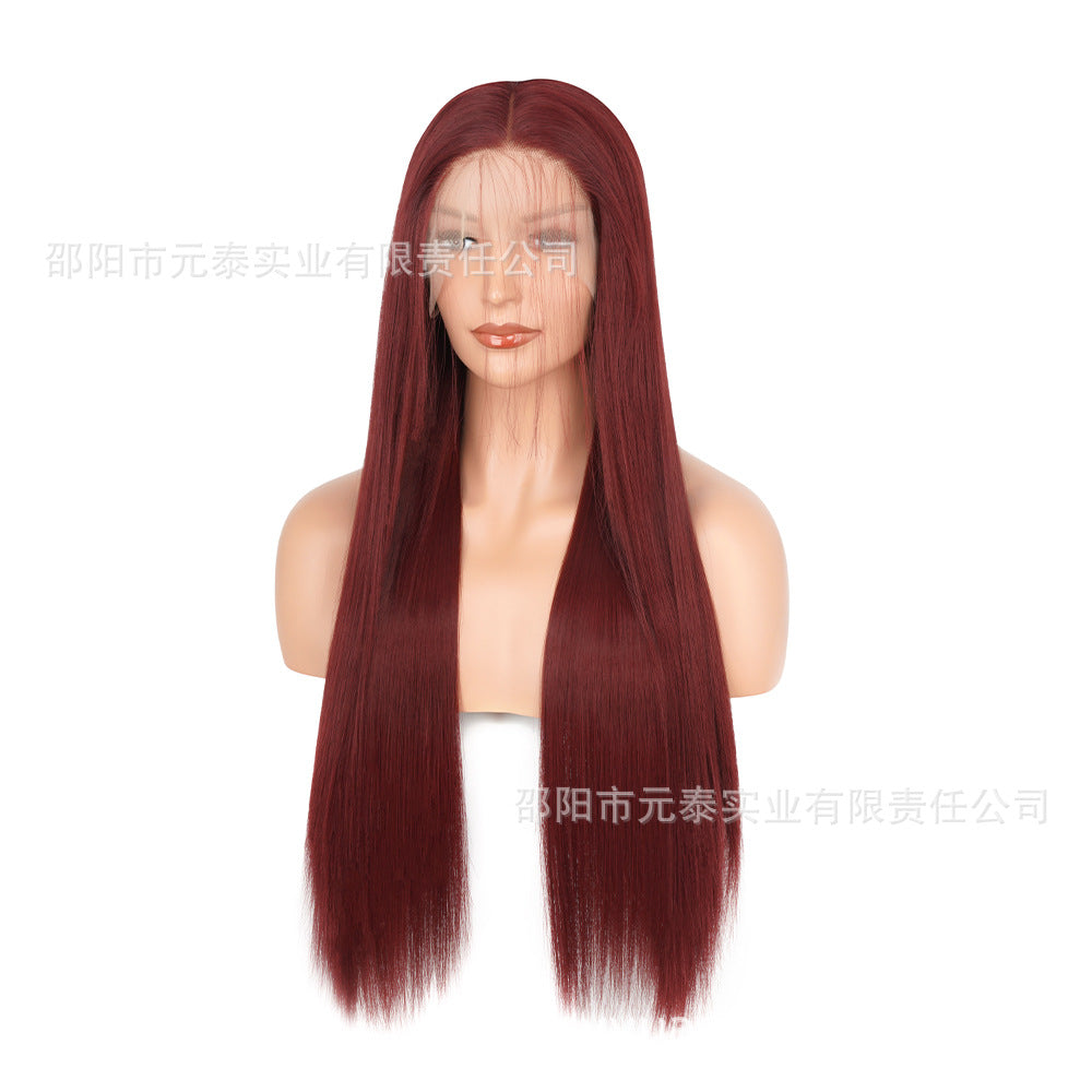 Front Lace13*4Wig in burgundy color28Inch Long Straight Hair Synthetic Fiber Headband Hot Sale wigs High-Temperature Wig with Side Bangs - 图片 5
