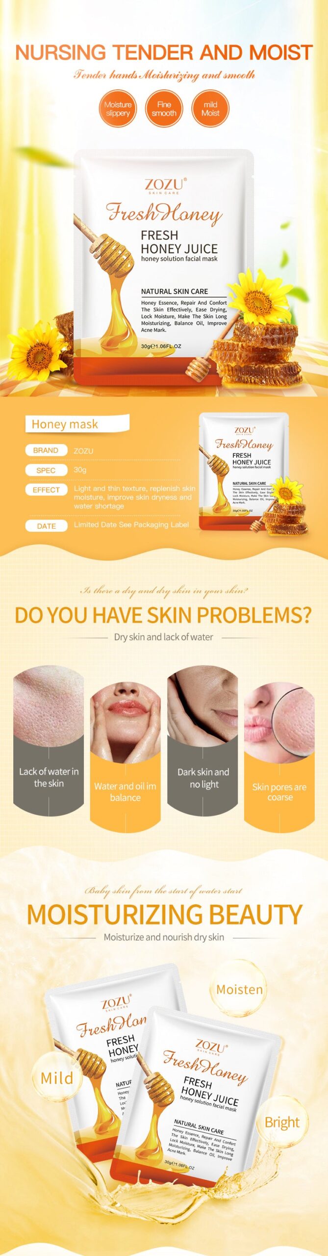 Honey Aloe Vera Mask ZOZU Hydrating Moisturizing Tablets Cross-border Foreign Trade Skincare Wholesale - 图片 6