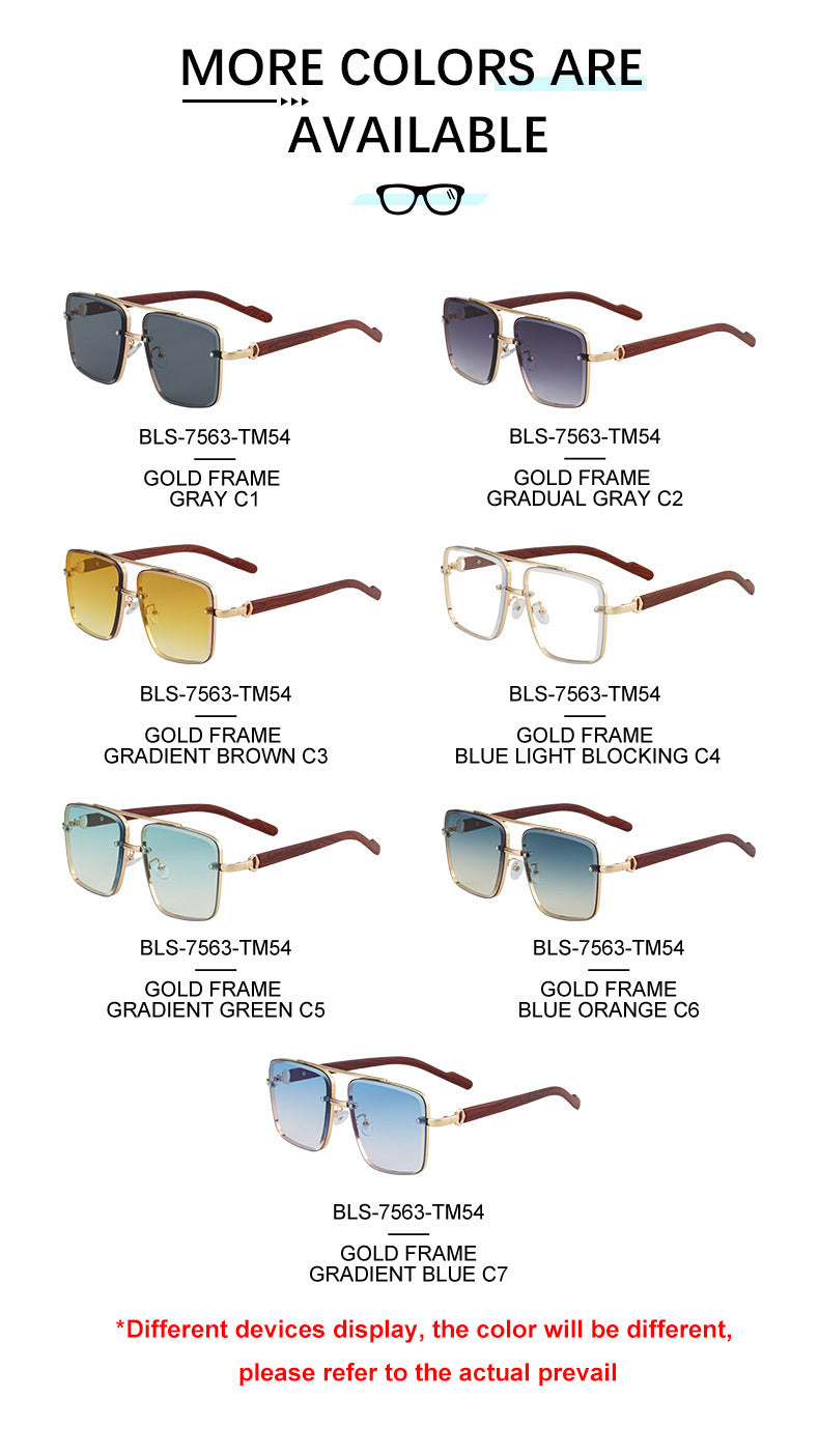 2025New European and American Fashion Square Frame Sunglasses for Men Retro Imitation Wood Grain Temple Double Bridge Sun Protection Sunglasses for Men - 图片 20